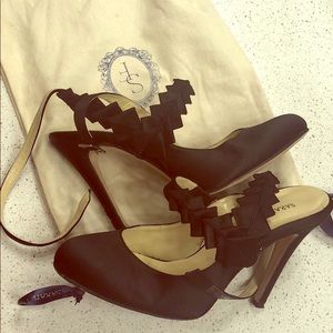 Sarah Flint black satin heels with dust bag